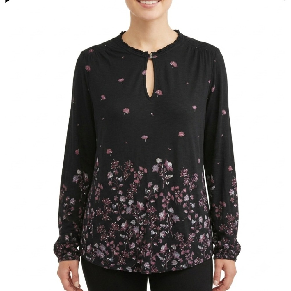 Lucky Brand Floral Long Sleeve Top Womens Large Black Boho Keyhole Ruffle Blouse